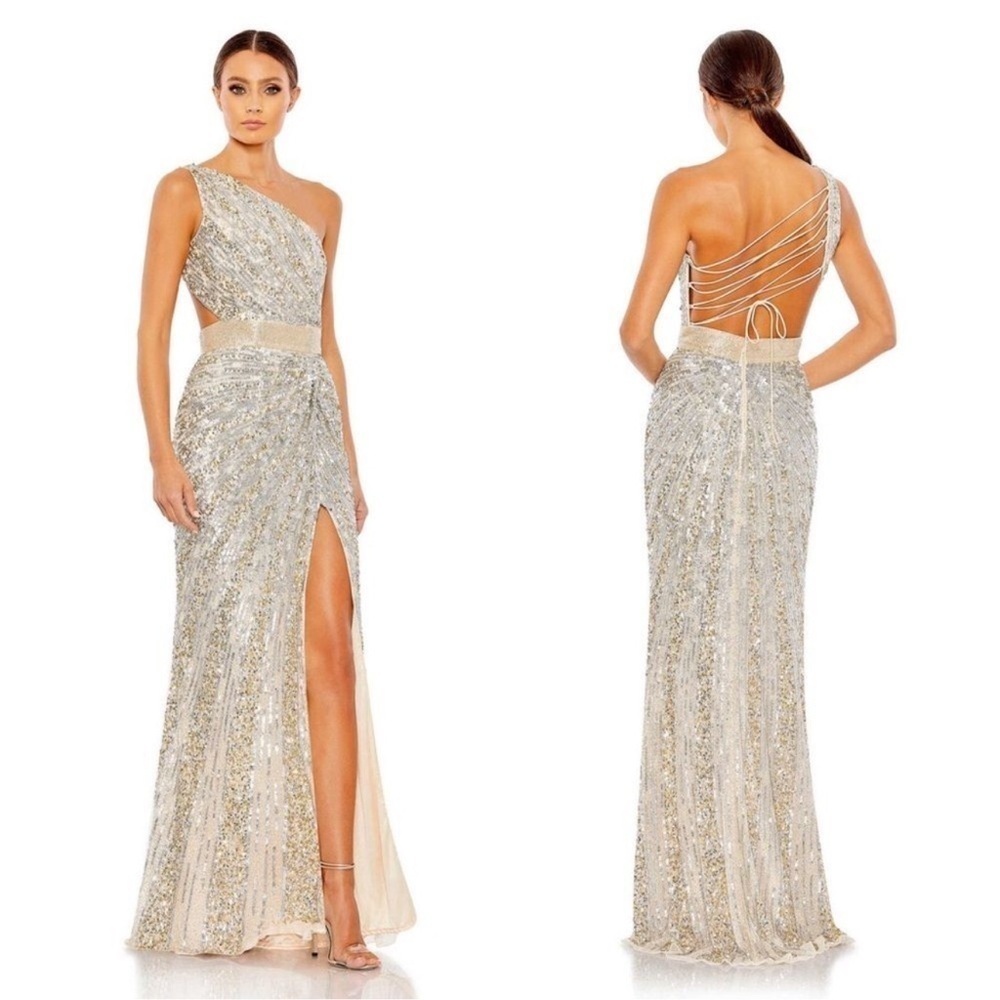 Mac Duggal Glittering Silver One-Shoulder Maxi Dress